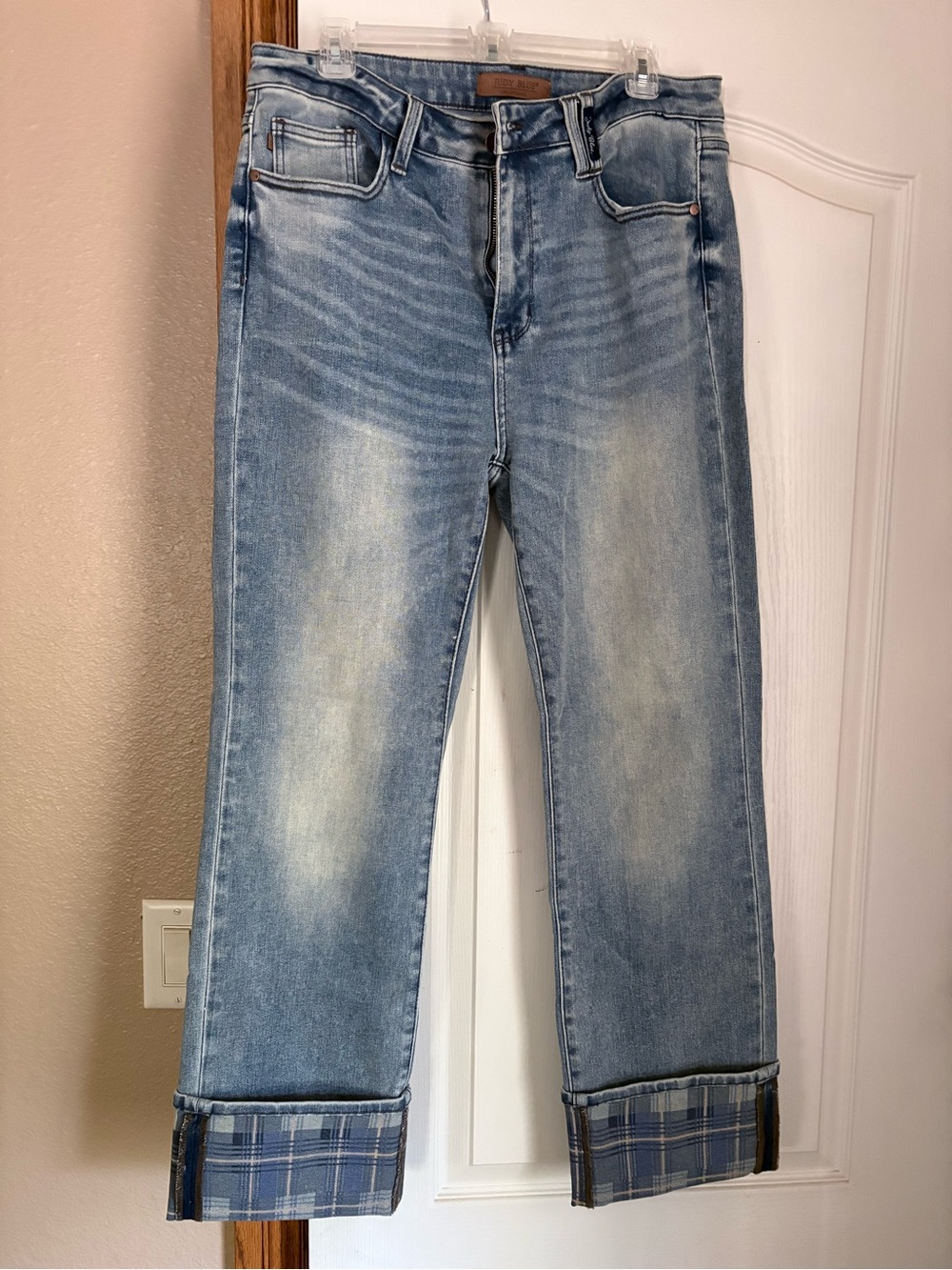 Judy Blue Light Blue Straight-Leg Jeans with Plaid Cuffs